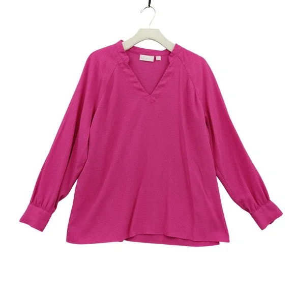 Belle Kim Gravel Womens Gauzy Preppy Lightweight Top L Hot Pink Textured VNeck - Picture 1 of 16